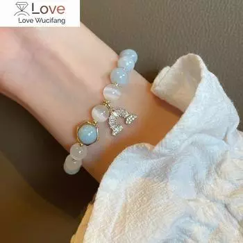 Модный браслет Aquarine для женщин с кошачьим глазом, радужной тыквой, подвеской Maneki Neko для девочек, клубникой, кристаллом и жемчугом, ручная нить