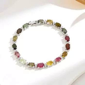 Модный браслет из натурального фантазийного цвета, турмалин, драгоценный камень, серебро, роскошные украшения для женщин и девочек, свидания и вечеринки, изысканные ювелирные изделия, подарок 19cm разноцветный