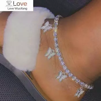 Модный браслет на щиколотку с бабочкой и стразами, теннисная цепочка на ногу, богемная бижутерия, подарок для женщин, летние пляжные браслеты на щиколотку