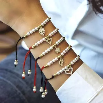 Модный браслет с подвесками в виде листа в форме сердца для женщин, регулируемый искусственный жемчуг, плетеный браслет из бусин макраме для женщин, ювелирные изделия в подарок adjustable