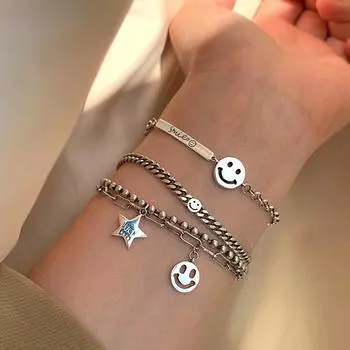 Модный браслет серебряного цвета для женщин, винтажные браслеты ручной работы с улыбающимся лицом, ювелирные украшения на день рождения 01