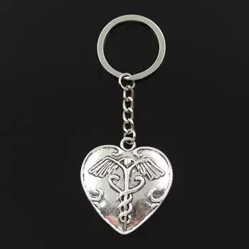 Модный брелок для ключей 30 мм, металлический брелок для ключей, ювелирные изделия, античное серебро, с цветным покрытием, сердце, кадуцей, медицина, 42x40 мм, кулон серебряный