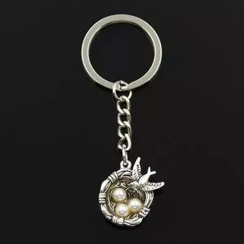 Модный брелок для ключей 30 мм, металлический брелок для ключей, ювелирные изделия, антикварное покрытие, Ласточкино птичье гнездо, яйца, 24x19x8 мм, кулон серебряный