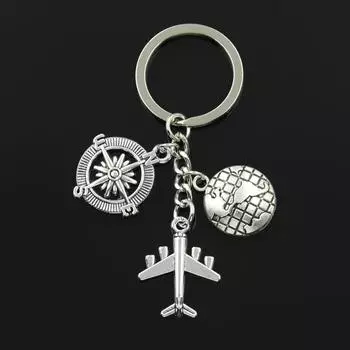 Модный брелок для ключей 30 мм, ювелирные изделия, компас для путешествий по миру, подвеска в виде самолета серебряный