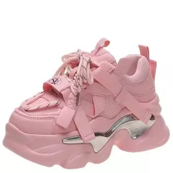 Модный бренд 2024 года, дышащие сетчатые кроссовки, спортивная обувь для женщин, повседневная обувь на толстой подошве, туфли на высокой платформе 7 см 34 чёрный