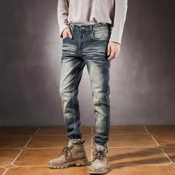 Модный бренд 2024 года, новые осенне-зимние мужские джинсы высокого класса, облегающие, маленькие ноги, эластичные, универсальные, модные, повседневные брюки 28