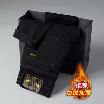 Модный бренд 2024 года, осенне-зимние черные джинсы для мужчин, облегающие, узкие, эластичные, высококачественные, доступные, роскошные, повседневные, трендовые брюки с флисовой подкладкой 28 чёрный