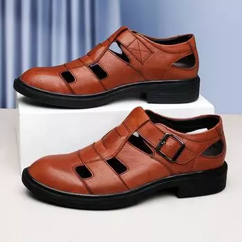 Модный бренд 2024Summer Hollow Натуральная кожа Уличная обувь для ходьбы Крутые нескользящие повседневные деловые сандалии Удобные дышащие мужские сандалии 36 коричневый