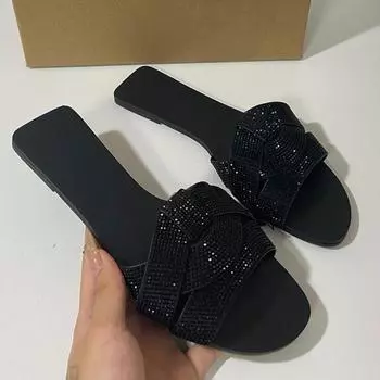 Модный бренд, дизайнер 2024 года, летние женские тапочки на плоской подошве с блестящими бриллиантами, с открытым носком, пляжная обувь, женские шлепанцы для прогулок на открытом воздухе 36 чёрный