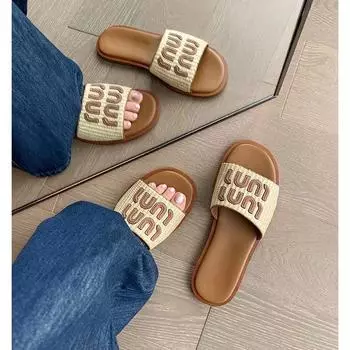 Модный бренд Mao Mao тапочки женские 2024 новые металлические пряжки одно слово перетаскивание весна и осень дома хлопковая швабра летняя верхняя одежда волосы полушвабра 35 бежевый