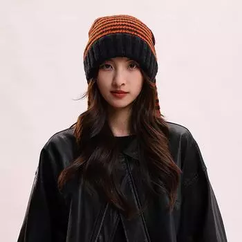 Модный бренд милый кроличьи ушки вязаный полосатый пуловер шерстяная шапка женская y2k шопинг модная теплая холодная шапка One size коричневый