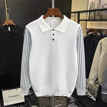 Модный бренд мужской одежды, облегающий трикотажный свитер с лацканами, высококачественный ПУ, красивая молодежная рубашка-поло для мужчин с длинным рукавом M белый