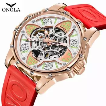 Модный бренд ONOLA мужские автоматические часы люкс Lucky Clover часы спортивные силиконовый ремешок водонепроницаемые механические часы мужчины подарок белый/ярко-розовый