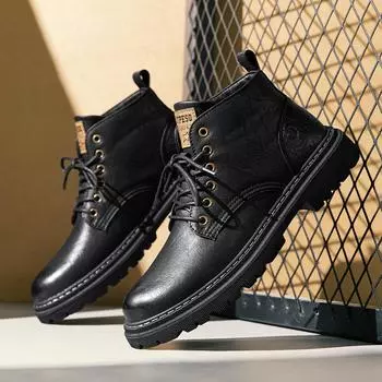 Модный бренд осенне-зимняя обувь мужские кожаные ботинки на толстой подошве нескользящие теплые плюшевые холодные зимние коровья кожа мужские ботильоны черные 38 чёрный