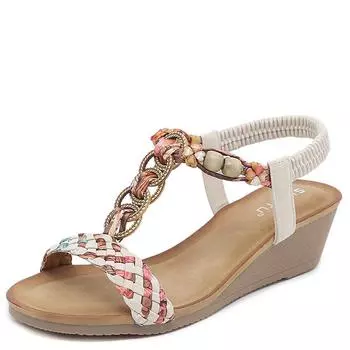 модный бренд повседневный летний модный небольшой танкетки легкие сандалии женские эластичные резинки бисерные драгоценные лепестки туфли римский щиколотка Т-образный ремешок 36 абрикосовый