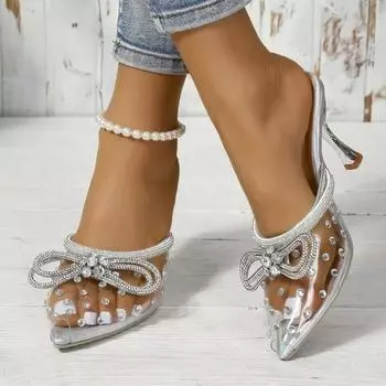 Модный бренд роскошные женские туфли-лодочки с бантом и кристаллами, сексуальные туфли на высоком каблуке с ремешком на щиколотке, женские босоножки, летняя мода, свадебная обувь для выпускного вечера 35 серебряный