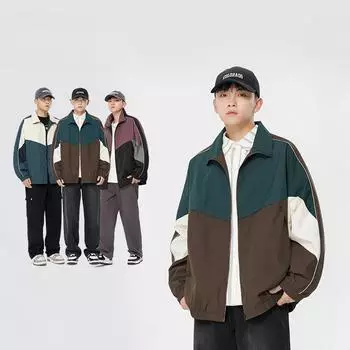 Модный бренд в американском стиле ретро, контрастный цвет, воротник-стойка, мужская и женская куртка, новый осенний свободный тренд, повседневное пальто для пары M