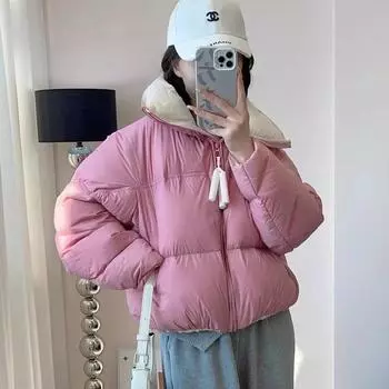 Модный брендовый пуховик женский 2024 новый модный белый утиный пух короткая куртка с капюшоном маленькая хлебная куртка S чёрный