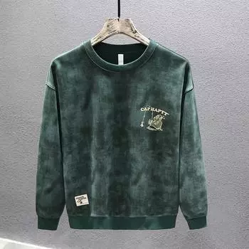 Модный брендовый свитер мужской флисовый утолщенный осенне-зимний парный топ с длинными рукавами и круглым вырезом мужской повседневный свободный спортивный костюм новый M темно-зеленого