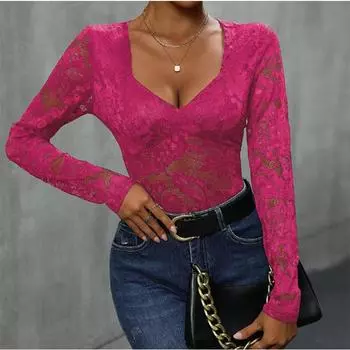 Модный цельный боди женский с длинным рукавом кружевной летний комбинезон нижнее белье S темно-синий