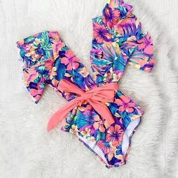 Модный цельный купальник с глубоким V-образным вырезом, быстросохнущий сексуальный купальник-монокини с цветочным принтом для плавания