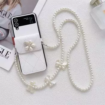 Модный чехол через плечо с жемчугом и бантом, ремешок для карточек, чехол для телефона для Samsung Galaxy Z Flip 4 3 Z Flip3 Flip4 5g, милые чехлы For Z Flip 3