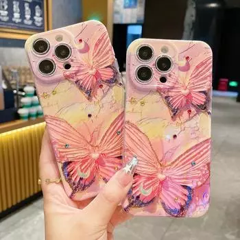 Модный чехол для телефона Blu-ray с рисунком бабочки и защитной пленкой для объектива для iPhone 15, 14 Plus, 13, 12 Pro Max, 11, 14plus, 12promax, мягкая силиконовая задняя крышка for iphone 15 pro max розовый