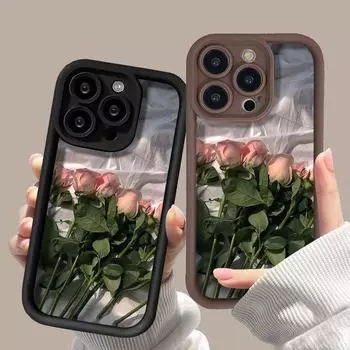 Модный чехол для телефона для iPhone 15 14 13 12 11 Pro Max X XR XS Max 7 8 Plus SE3 Rose Flower Эстетика чехлы для девочек Силиконовый противоударный бампер задняя крышка iPhone 15 бежевый