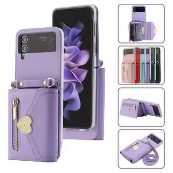 Модный чехол для телефона для Samsung Galaxy Z Flip 3 4 5G Flip3 Flip4 на молнии, кошелек для карт, кожаный чехол с петлями и ремешком