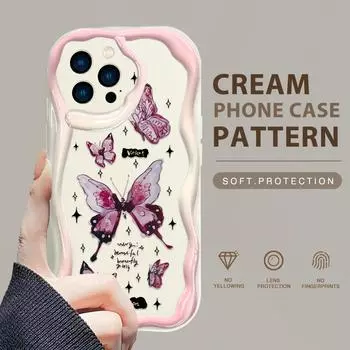 Модный чехол для телефона с бабочкой для iPhone 15, 14, 13, 12, 11, Samsung Galaxy A52, Xiaomi Redmi 14, 13C, кремовый текстурированный корпус, мягкий чехол с волнистыми краями iPhone 12 Mini белый