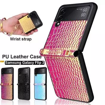 Модный чехол для телефона с браслетом и цепочкой для Samsung Galaxy Z Flip 3 4, чехол с ремешком, кожаный чехол с ремешком Z Flip 4 3 5G, противоударный чехол z flip 3 синий
