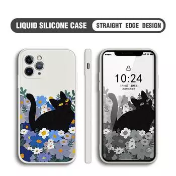 Модный чехол для телефона с черным котом для iPhone 15, 14, 13, 12, 11, Samsung Galaxy S23 S22 A52 A52S, мягкие квадратные жидкие силиконовые чехлы с полной защитой iPhone 13 Mini чёрный
