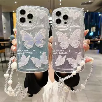 Модный чехол для телефона с ремешком на запястье и бабочкой для iPhone 14 13 12 11 Pro Max X XS XR XS Max 8 7 Plus противоударный чехол из ТПУ iPhone 7 синий