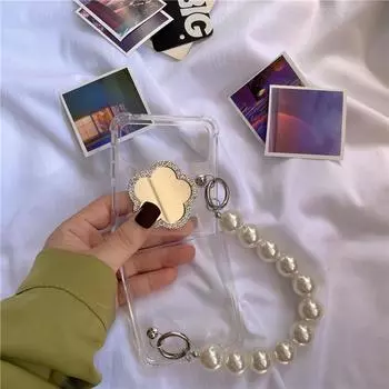 Модный чехол для телефона с жемчужной цепочкой для Samsung Galaxy Zflip 4, зеркальный браслет с цветком, прозрачный противоударный чехол Z Flip Z Flip 3, 5 г ZFlip 3