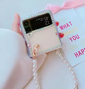 Модный чехол для телефона с жемчужным браслетом и цепочкой для Samsung Galaxy Z Flip 3 Zflip Zflip 4 Bling Diamond Crystal Clear, чехол Galaxy Z Flip 3
