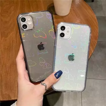 Модный чехол из ТПУ с лазерной бабочкой для iPhone 15, 14, 11, 12 Mini 13 Pro Max SE 2020 X XR Xs Max 7 8 Plus, прозрачный чехол с блестящим узором