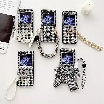 Модный чехол-подвеска с рисунком «гусиные лапки» для телефона Samsung Galaxy Z Flip 5 3 4, чехол с милым кольцом-цепочкой на палец Foroppo Find N2, флип-чехлы Samsung Zflip 5 белый