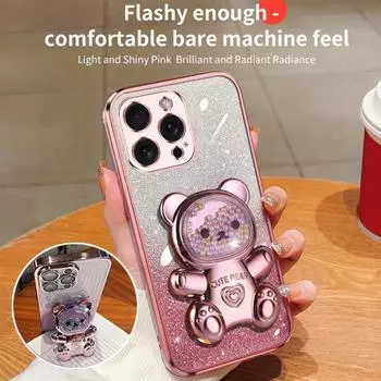 Чехол-кронштейн с блестками 3D Bear для iPhone 16 15 14 Plus 13 12 11 Pro Max Samsung S24 S23 S22 S21 S20 Ultra Plus S23 FE A16 A15 A35 A55 A14 A54 iPhone 6/6S чёрный