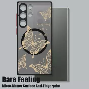 Модный чехол с рисунком бабочки для телефона MagSafe для Samsung S24 FE S23 S22 Ultra A55 A54 A34 A35 A15, матовый прозрачный противоударный чехол с мягким краем и магнитным покрытием Samsung S24 чёрный