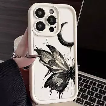 Модный чехол с рисунком луны и бабочки для iPhone 16 Pro Max 15 Plus 14 13 12 Pro 11 TPU мягкий матовый силиконовый противоударный защитный чехол для объектива телефона iPhone 16 чёрный