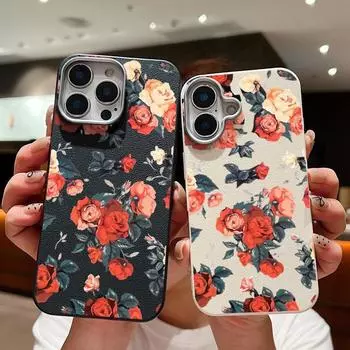 Модный чехол с текстурой из кожи с узором розы для iPhone 16 15 Pro 14 Plus 13 12 11 Pro Max Xs Max Xr 8 7 6 Plus, ударопрочный тонкий мягкий чехол из ТПУ iPhone 16 чёрный