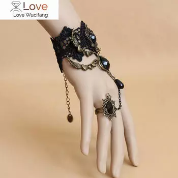 Модный черный кружевной браслет с кольцом на палец, цепочка на руку, элегантный женский браслет, металлический кристалл, подвеска в стиле стимпанк, леди, винтажные ювелирные изделия, подарок 20cm чёрный