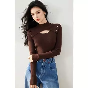 Модный черный вязаный свитер для женщин, ажурный дизайн, полувысокий воротник, прямой крой, стройнит фигуру S кофейный