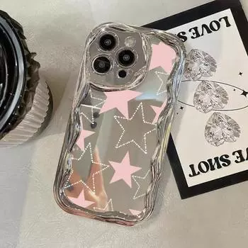 Модный цветной глянцевый чехол со звездами для iPhone 15 Pro Max 14 Pro 13 12 11, волнистая рамка, зеркало для макияжа, мягкий противоударный защитный чехол для объектива iPhone 15 чёрный