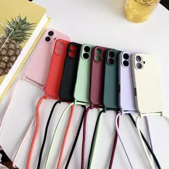 Модный цветной мягкий чехол для телефона из ТПУ для iPhone 16 Pro Max 15 Pro 14 13 12 11, ремешок через плечо, противоударный, защита объектива, тонкий чехол iPhone 16 чёрный