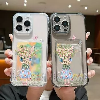 Модный цветочный принт прозрачный чехол с отделением для карт для iPhone 16 Pro 15 Pro Max 14 13 12 11 защита объектива прозрачный противоударный мягкий силиконовый чехол для телефона iPhone 16 чёрный