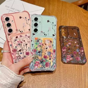 Модный цветочный принт ударопрочный прозрачный силиконовый чехол для Samsung S24 FE S23 Ultra S22 A16 A15 A55 A35 A54 A14 слот для карт мягкий прозрачный чехол для телефона Samsung S24 серый