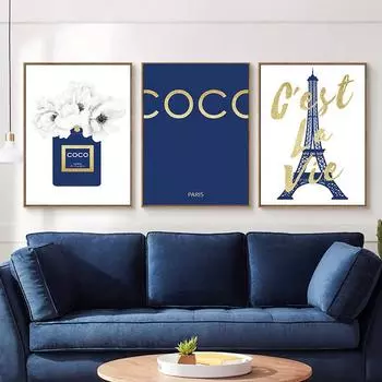 Модный цветочный синий парфюмерный постер и принт Эйфелева башня, настенная живопись на холсте, украшение для спальни, гостиной, домашний декор A4 21x30cm No frame