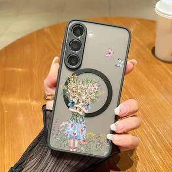 Модный цветочный узор для тонкого чехла Magsafe для Samsung S24 FE S23 S22 Ultra A55 A15 A54 A35 A34 A14 A52, противоударный прозрачный матовый магнитный чехол для телефона Samsung S24 чёрный