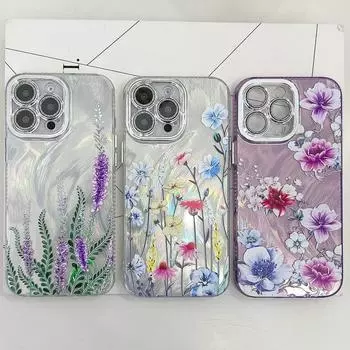 Модный цветочный узор прозрачный блестящий чехол для телефона iPhone 16 Plus 15 Pro 14 Pro Max 13 IMD противоударный защитный бампер для объектива iPhone 16